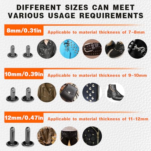 Dercuy PGMD001 300 Sets Leather Rivets,3 Sizes Double Round Cap Leather Rivets,Tubular Metal Studs thumb #2