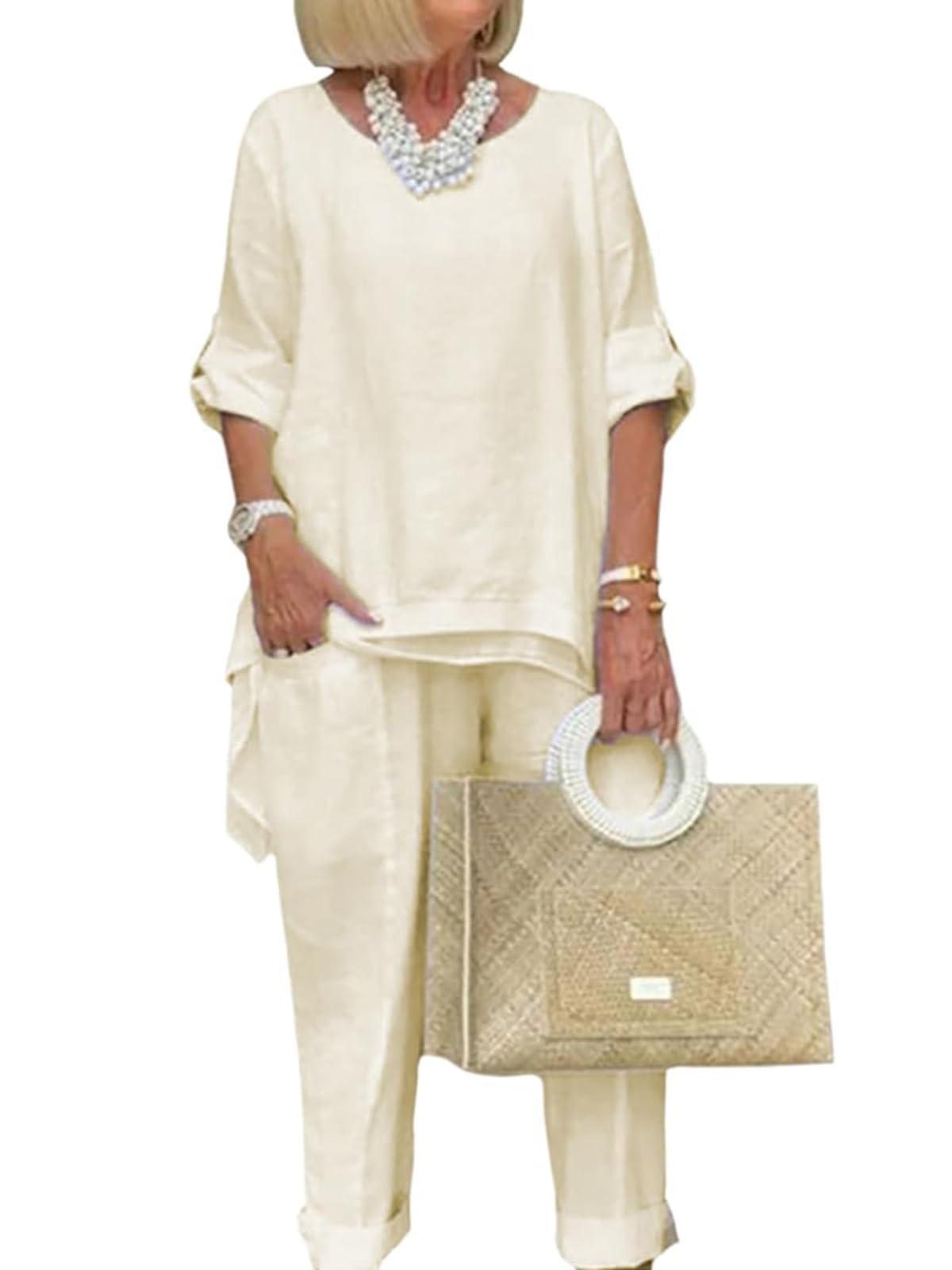 DEPENSL Womens 2 Piece Cotton Pants Suit Casual Loose Outfit Long Sleeve Top Shirts Sets Straight Leg Trousers