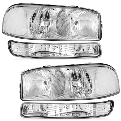 WEELMOTO headlights Assembly for 1999 2000 2001 2002 2003 2004 2005 2006 GMC Sierra 1500 2500 3500/99-06 GMC Yukon/ 00-06 GMC Yukon XL Chrome Housing Clear Reflector Headlights Assembly Replacement