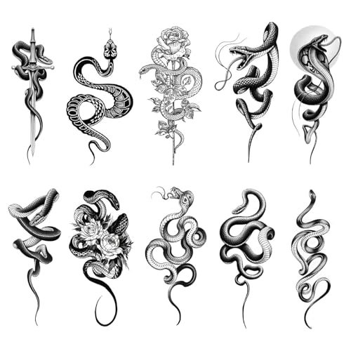 10 Feuilles Tatouage Temporaire Hommes Faux Corps Bras Poitrine épaule Tatouage Imperméables Type de serpent Tattoo Temporaire pour Hommes/Femmes/Filles/Enfants Hallowee (Noir)