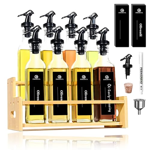 SAEIV Lot de 8 bouteilles d'huile d'olive et de vinaigre de 250 ml – Set pratique Small Cruet complet avec support en bambou, bouteille d'huile anti-fuite avec bec verseur et étiquettes imperméables