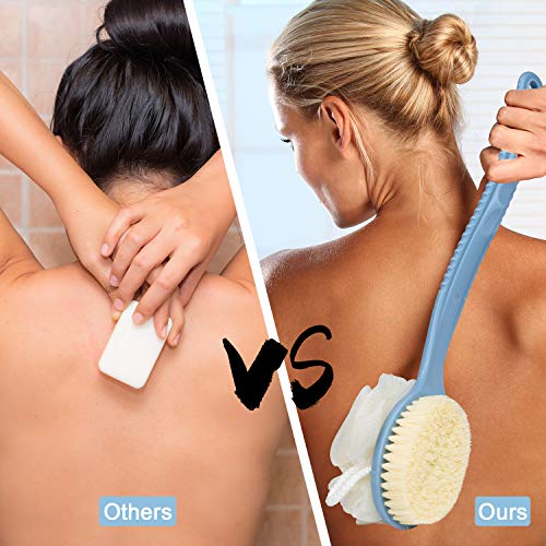 2 Pack Back Scrubber For Shower, Eaone Bath Body Brush With Bristles And Loofah, Loofah On A Stick Back Washer Mesh Sponge Long Handle Exfoliating Body Brush For Men And Women (Blue&White) #TOP5