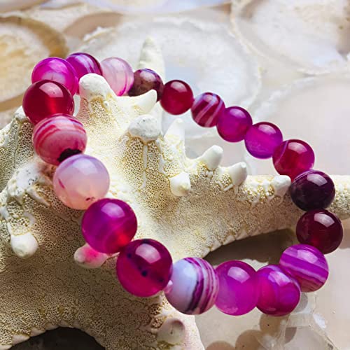 JM Design Fuchsia Pink Stripe Agate Bracelet Smooth Round Size 8mm 7.5" Length4