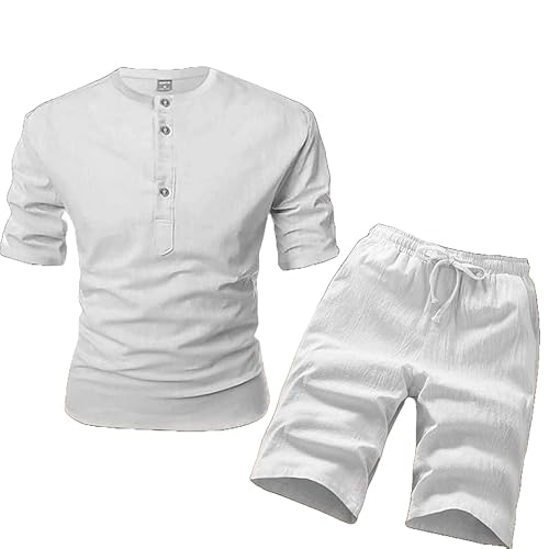 Men's Spanish Linen Casual Suit (White 2, 3XL)