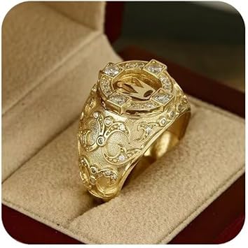 18K Solid Gold Crown Ring - Vintage Engraved Mens Diamond Ring with Royal Filigree Design Size 6