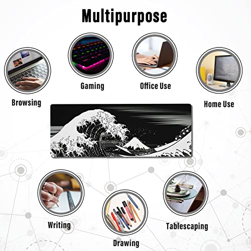 Ovenbird Extended Gaming Computer Mouse Pad, Large Black Mouse Pad For Desk, Cute Anime Japanese Great Wave Desk Pad For Keyboard And Mouse, Black, 31.5 X 11.8 X 0.12 Inches #TOP7