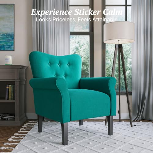 Image of BELLEZE Modern Accent Chair, High Back Armchair, Upholstered Wingback Side Chair, Padded Single Sofa with Wooden Legs for Living Room, Bedroom - Mallard Teal