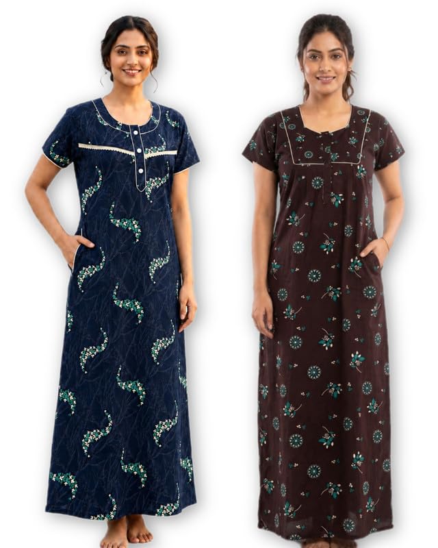 Women’s Pure Cotton Nighty Combo | Soft & Comfortable Sleepwear | Half Sleeves | Mobile Pocket | Full Length House Dress-picture-36