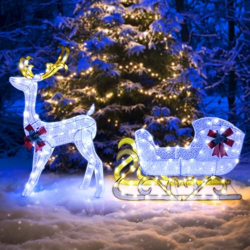 GOPLUS LED Rentier mit Schlitten, 123 cm Weihnachtsfiguren beleuchtet,...