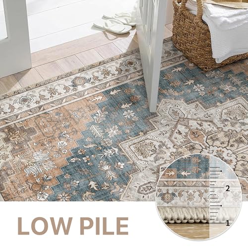 GENIMO 2x12 Runner Rugs for Hallway, Machine Washable Non Slip Vintage Rugs, Low Pile Lightweight Soft Print Rug for enrtyway, Corridor, Home Office, Kitchen, Blue Brown
