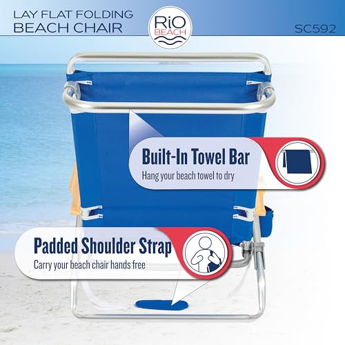 RIO beach Classic 5-Position Lay-Flat Folding Beach Chair, 30.8\" x 24.75\" x 29.5\", Cool Blue Stripes, Pink/White/Beige/Black, 1 Count (Pack of 1)