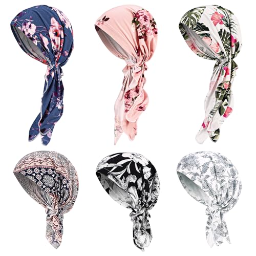 Fingertip WD 6 Pcs Chemo Headwear for Women, Pre Tied Cancer Cap Turban Hats, Soft Stretch Sleep Head Wraps for Hair Loss, Sensitive Scalp & Patients(Light color)
