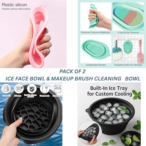 Image of Silicone Face Ice Bowl & Makeup Brush Cleaning Tub - Combo Pack of 2 | Collapsible Face Dipping Bowl for Skin Icing + Brush Wash Basin with Scrubbing Texture | Skincare & Beauty Essentials Set