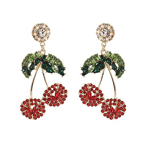 JOYA GIFT 18K gold red Cherry Drop earring Pink zircon Sweet Love earrings Elegant shiny green emerald leaf CZ Crystal Love cherry earrings for female girls Earrings Jewelry for Women and Girls, metal