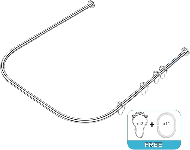 Misounda U Shaped Curved Shower Curtain Rods Bath Rails (70-100) x 100 x (70-100) cm, 304 Stainless Steel Extendable Tension Shower Corner Curtain Rods For Bathroom, Kitchen, Fitting Room.