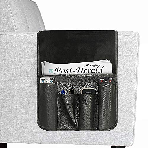 Organiseur d'accoudoir de canapé à 7 poches, double face, étanche, housses d'accoudoir de canapé en cuir daim, sacs de rangement pour téléphone, livre, magazines, support de télécommande de TV (Noir) Cover
