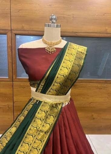 Image of RENVAANI Women's Traditional Kanjivaram Kanchipuram Silk Unstitched Lehenga Choli with Dupatta (MAROON BT)