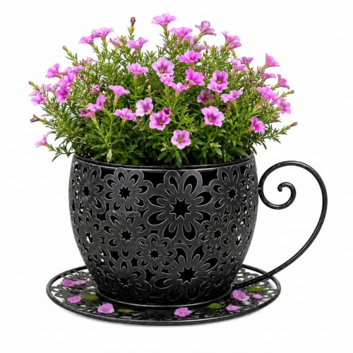 Black Iron Teacup Planter, Vintage Coffee Cup Flower Pot with Floral Cutout Design, Suitable for Indoor Outdoor Decoration, Ideal for Succulents Flowers, Balcony Garden Decor (Black)