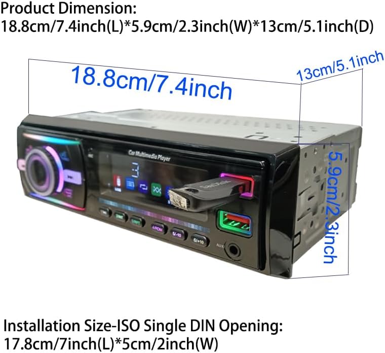 3050 12V Car Stereo Audio MP3 Player with Bluetooth Handsfree Calls, Music Play, FM Radio, Dual USB/AUX Playback, 7-Color LED Lights,VA LCD Display & Remote Control, Phone Charging