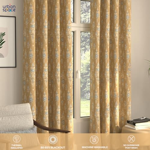 Image of Urban Space Blackout Curtains 5 Feet Set of 2 for Window, 80-85% Light Blocking Curtains for Living Room, Digital Printed Curtains with Eyelets, Tieback Included (Imperial Mustard, 5 Feet)