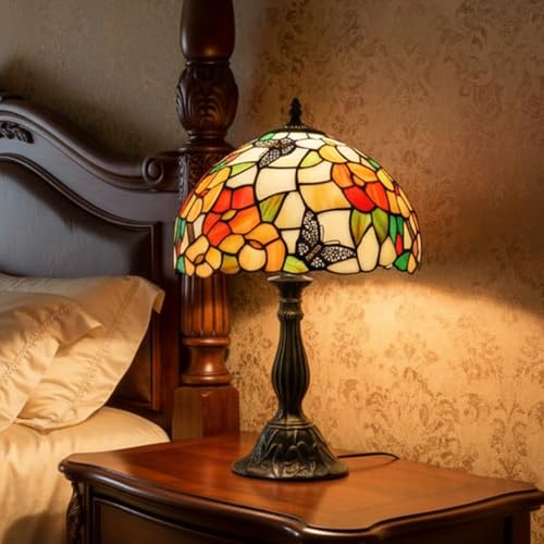 Image of WERFACTORY Tiffany Table Lamp Bedside Pink Stained Glass Lamp 18 Inch Tall