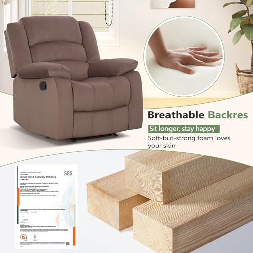 Image of ANJ Fabric Recliner Chair with Overstuffed Arm and Back, Comfy Chocolate Manual Reclining Chairs for Adults, Living Room Single Sofa Recliners