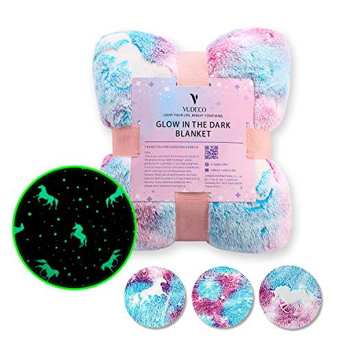 VUDECO Glow in The Dark Blanket for Kids Throw Blanket 50 x 60 inches- Fun Unicorn Blanket for Kids Blankets for Boys Girls Throw Blanket Super Soft Blanket for Girls Fuzzy Blanket for Teen Girls Boys