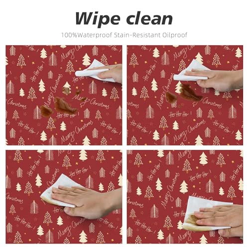 Image of Merry Christmas Round Tablecloth 60 Inch Ho Ho Ho Red with Xmas Trees Table Cover Waterproof Wipeable for Winter Home Kitchen Restaurant Parties Holiday Decor