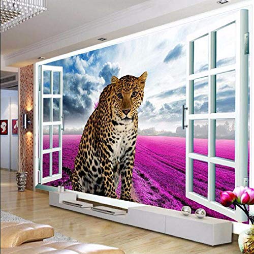 Preisvergleich Produktbild Gwgdjk Individuelles Foto 3D Lebensechte Tier Leopard Lila Blumen Fototapete Fensteransicht Tapeten Bettwäsche Tv Hintergrund-140X100Cm (56 * 40Inch)