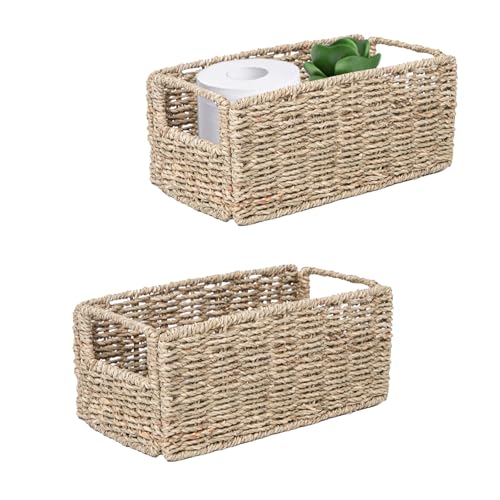 YRMT Small Seagrass Storage Basket Toilet Paper Baskets with Built-in Handles Bathroom Organizer Narrow Baskets for Organizing Toilet Tank 2 Pack (Seagrass)