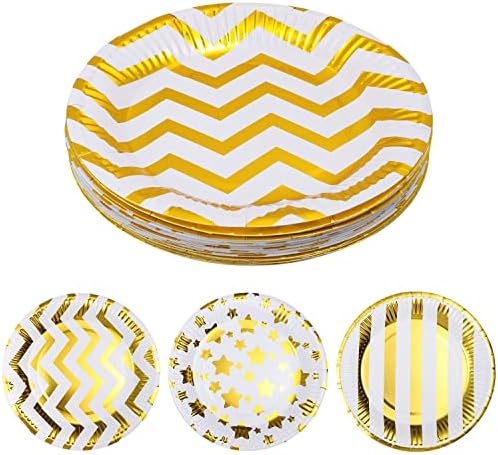 30 Party Plates, 7" Foil Stamping Wave/Stripes/Stars Paper Plate for Birthday Party, Family Dinner, Wedding Celebration