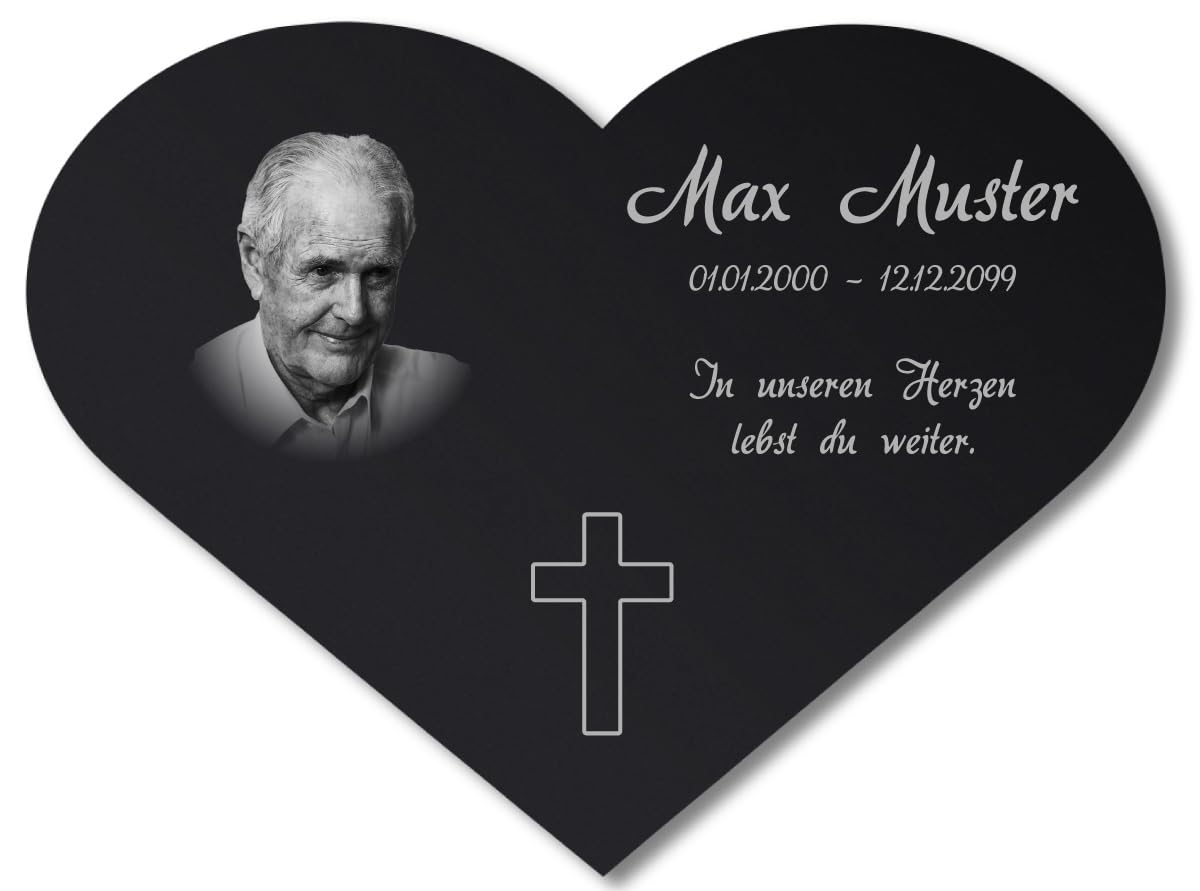 Paule Black Personalisierter Herz Grabschmuck Foto Gravur - Acrylglas Schwarz Hochglanz 400 x 300 mm - wetterfest und wasserfest für Draußen und Innen, für Opa, Oma, Mama, Papa und andere Verstorbene