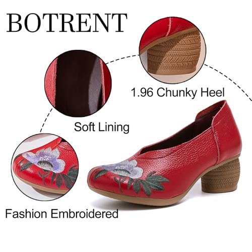 Women's Genuine Leather Embroidered Vintage Cutout Block Heel Pumps Closed Round Toe Comfortable Non Slip Slip On Chunky Heel Casual Mam Loafers for Daily Traveling Walking Work3
