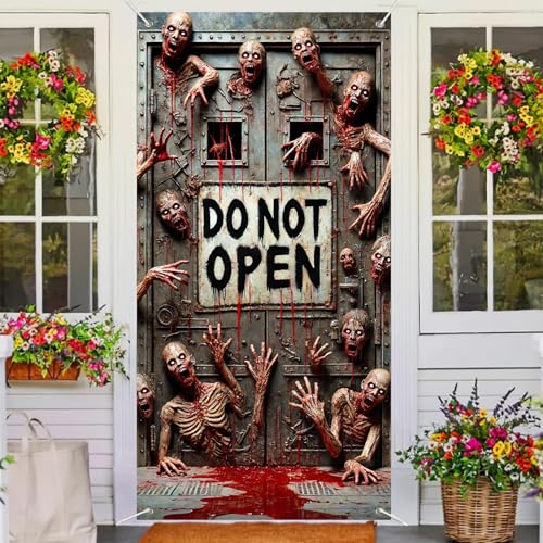 Image of BlissYard Halloween Door Cover Keep Out Zombie 71 x 35 Inch | Polyester, Zombie Hands Design, Haunted House Door Decor, Front Porch, Wall, Party and Photo Backdrop