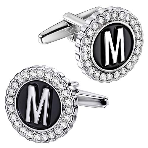 HAWSON A-Z Initial Cufflinks for Men and Women with Clear Crystal, Silver Color Rasied Letter A-Z Cuff Links for French Shirt, Gift for Normal and Business Wearing - M