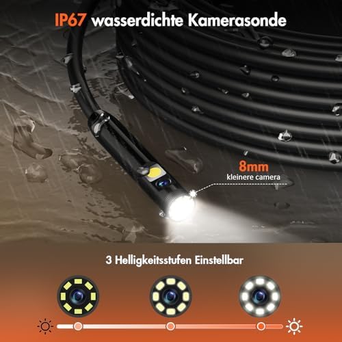 Bild 3 - FINIBO Endoskopkamera mit Licht 5m, Dual Lens Endoskop mit 4.3-Zoll-IPS- Bildschirm, 8mm IP67 wasserdichte Inspektionskamera, 1080P HD Rohrkamera, Kanalkamera, 2600mAh Batterie