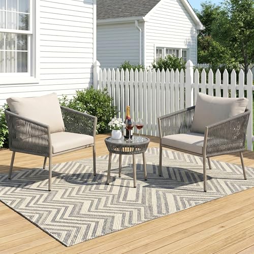 Image of BRISHI Braid & Rope Garden Patio Seating Chair and Table Set Outdoor Balcony Garden Coffee Table Set Furniture with 1 Table and 2 Chairs Set with Cushion (Grey and White), 61 cm , 61 cm , 81.3 cm