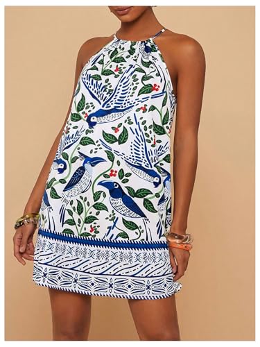 Image of SweatyRocks Women's Tropical Print Halter Dresses Sleeveless Holiday Summer Mini Dress