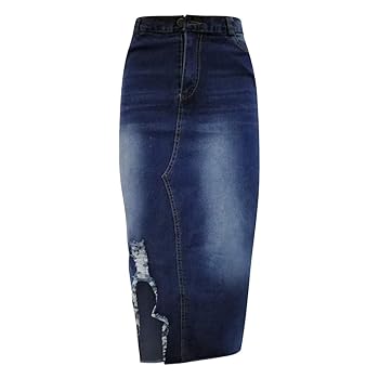 Amazon.com: Women's Slit Midi Denim Skirt Distressed Ripped