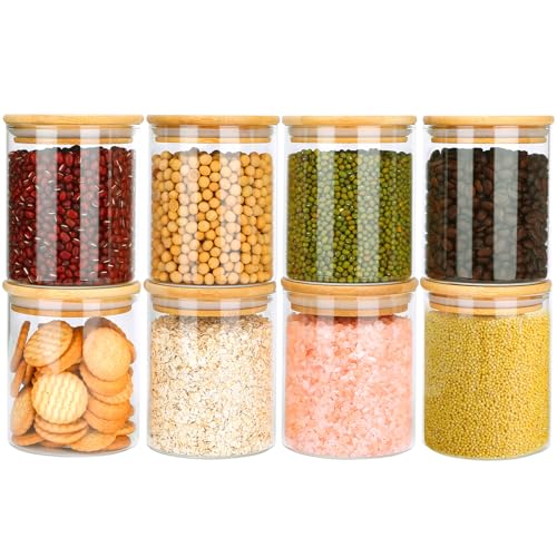 Aevcvok 8x430ml Tarros de Cristal con Tapa, Botes de Cristal con Tapa de Bambú, Botes Cocina Almacenaje, Recipientes Herméticos para Alimentos, Botes para Especias, Pasta, Hierbas, Café