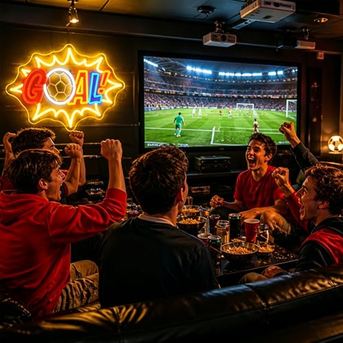 Image of Soccer Neon Sign, JGHTURIE Goal Dimmable Neon Signs for Wall Decor, Football Led Light up Led Sign for Boys, Fans Sports Themed, Game Room, Bar, Party & Man Cave Decor - USB Powered