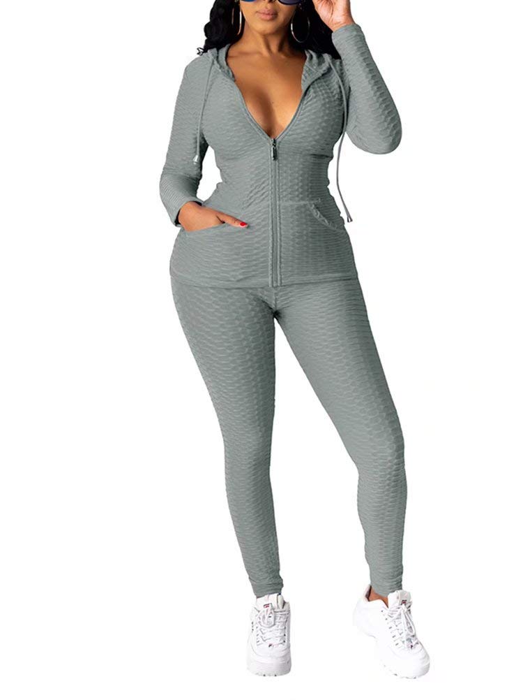 Womens Workout Sets 2 Piece Front Zip Long Sleeve Hoodies and Textured Leggings Set Gym Clothes Yoga Outfits