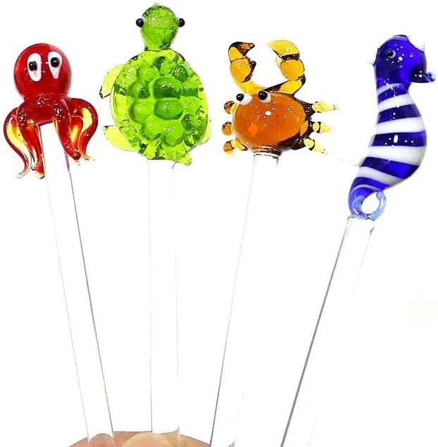 4pcs Handmade Glass Cocktail Swizzle Sticks With Octopus Turtle Sea Horse Crab Mini Figurine Decor Milk Drink Muddler Stirrer