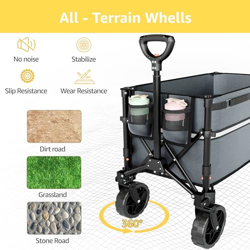 Image of ROSONG Collapsible Wagon Cart with Wheels Foldable - Folding Utility Heavy Duty Wagons Carts for Grocery Sports Garden Shopping Camping Grey