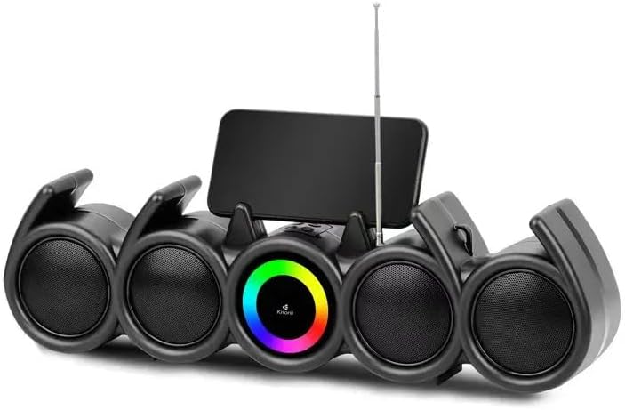 Front view of Kisonli LED-918 RGB Soundbar Speaker with a smartphone in the integrated holder and RGB light ring illuminated.