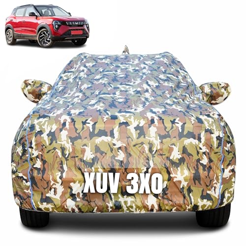Image of 100% Waterproof Car Body Cover for Mahindra XUV 3XO (2024-2025) with Mirror Pocket (Heat & UV Resistant, Triple Stitched, Soft Lining, Bottom Elastic & Piping) Camouflage, Military Print
