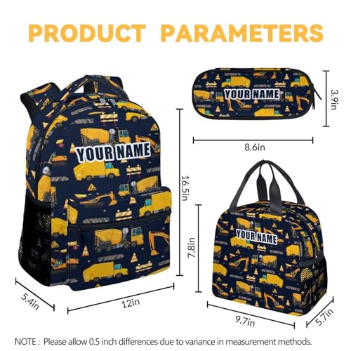 Personalized Truck Backpack with Lunch Box and Pencil Case Set, 3 in 1 Matching Boys Dark Blue Backpacks Combo, Cool Bookbag and Pencil Case Bundle4