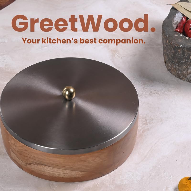 Image of Wooden Masala Box for Kitchen - 7 Stainless Steel Jars with Wooden Spoon | Stainless Steel Brass Lid with Knob | Multipurpose Dry Fruit & Spice Storage - GunMetal (Plane)