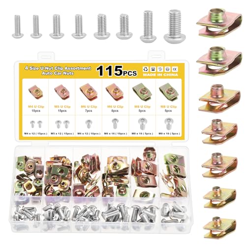 Gueenky 115 Pièces Agrafe Carrosserie,M4 M5 M6 M8 Écrous Fixation Clips Type U, Vis et Agrafe Clips de Fixation Voiture Agrafes Vis Tole Agrafe Voiture Carrosserie pour Auto Moto