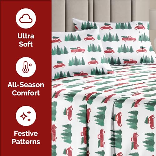 Twin Christmas Tree Sheet Set - Holiday Xmas Pattern Bedding Set - Deep Pockets - Snug Fit - 3 Piece - Wrinkle Free - Cooling Comfy Cozy Festive Winter - Holiday Sheets for Women, Men, Kids & Teens